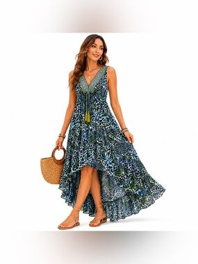 Violet Sky Animal Print High Low Sheer Beaded Boho Maxi Dress Size Medium NWT